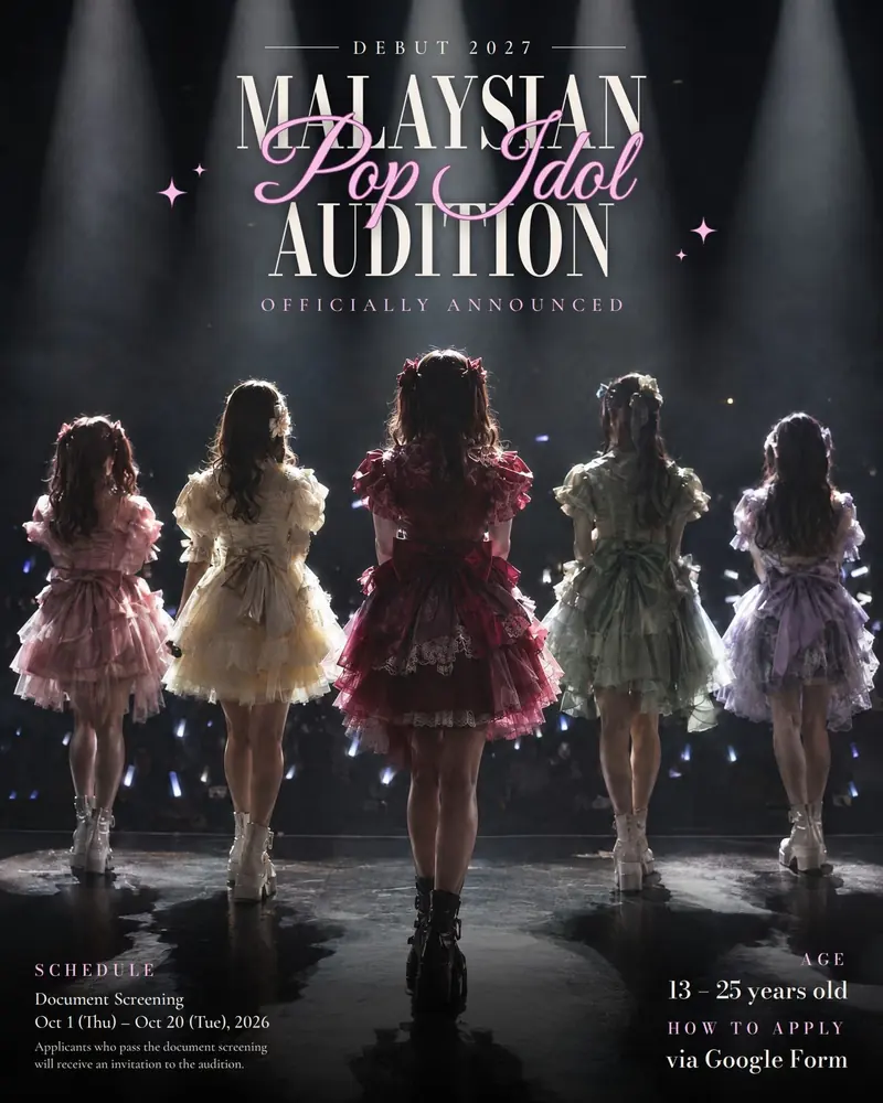 Malaysian Pop Idol Audition poster, Debut 2027: five performers in pastel dresses on stage